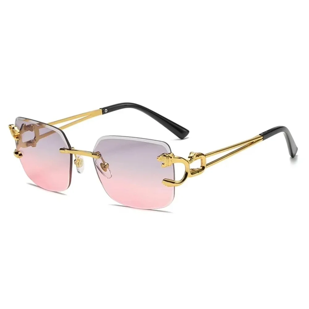 Men Women Classy Sophisticated Pink Lens‎ Gold Sunglasses Metal Rimless Hip Hop